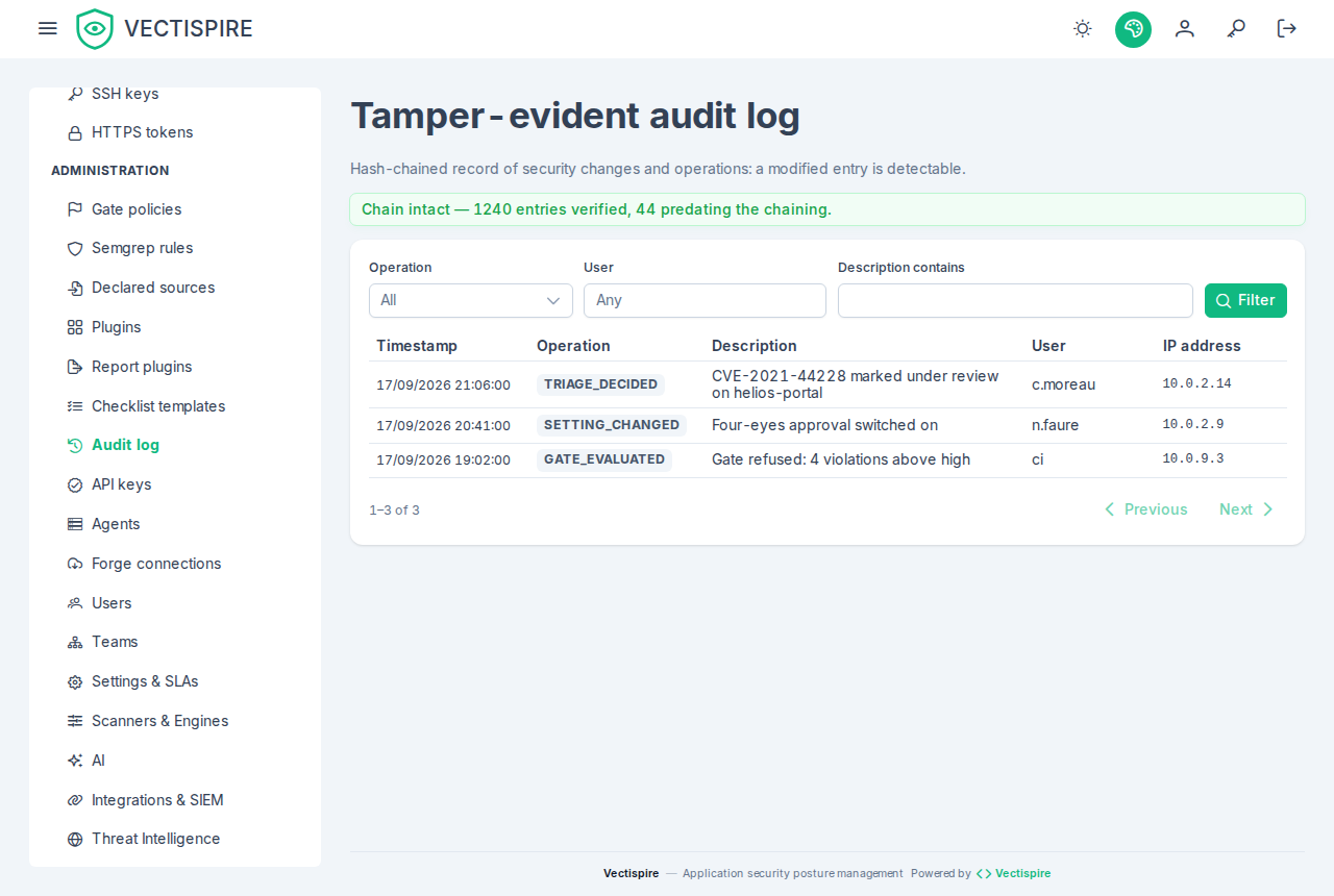 The audit log: the chain verified intact, the entries that predate chaining counted apart, above three entries.