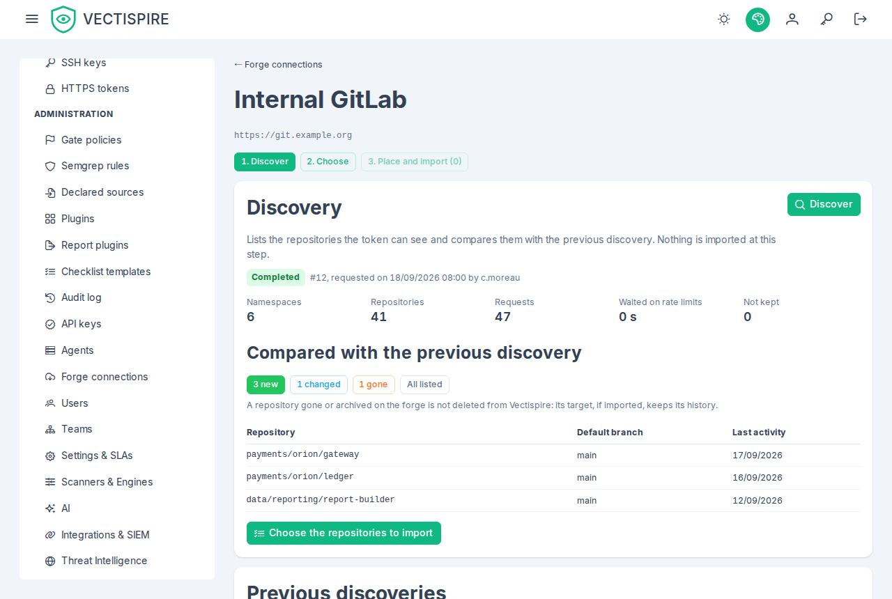 A completed discovery: forty-one repositories in six namespaces, and the three that are new since the previous run.