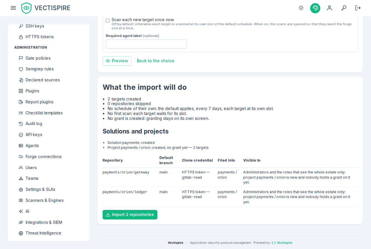 The preview before importing: two targets, the solution and project the import creates, the HTTPS token each clones with and who will see them.
