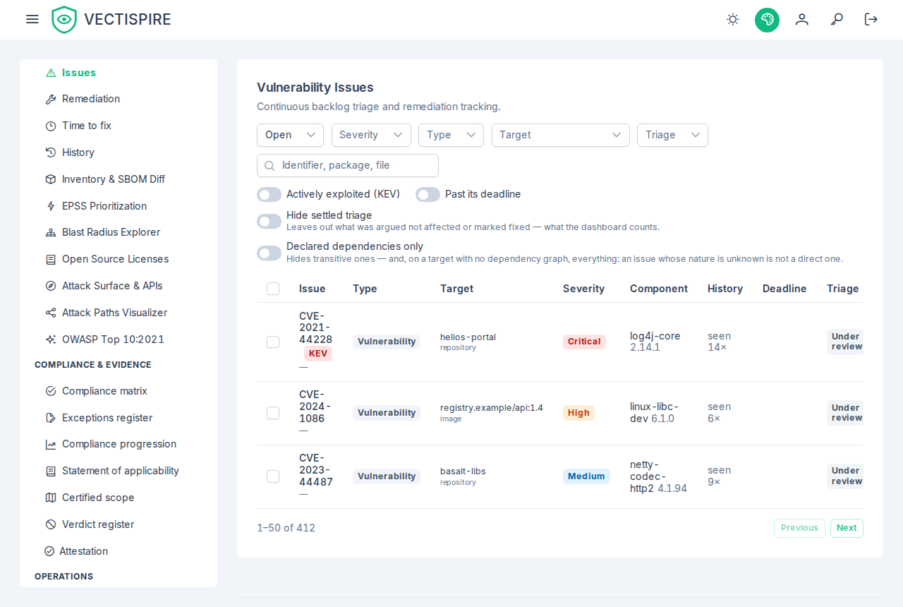 The findings list: three vulnerabilities with their severity, package and target, above a backlog of four hundred.