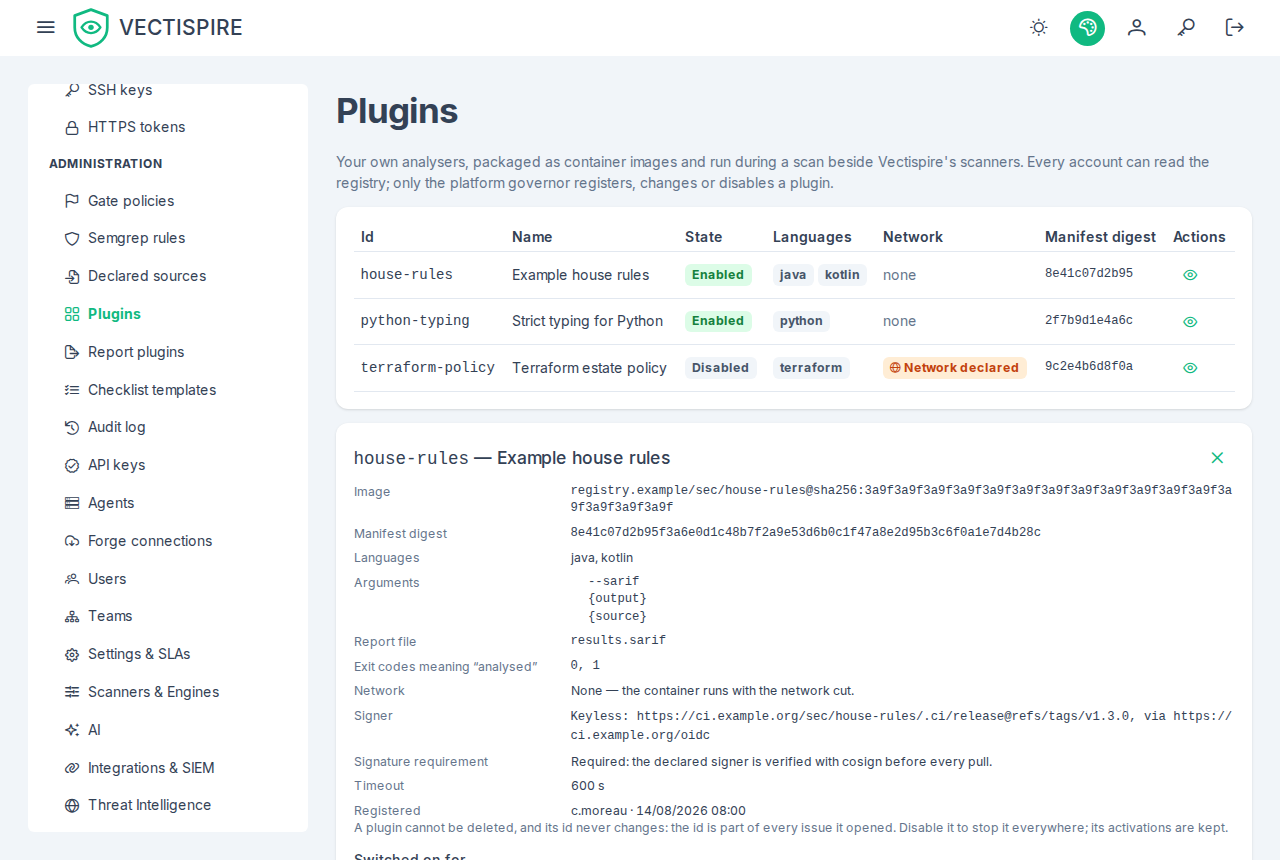 The plugin registry: three plugins, one declaring network access, and the house rules opened on their signed image and their manifest.