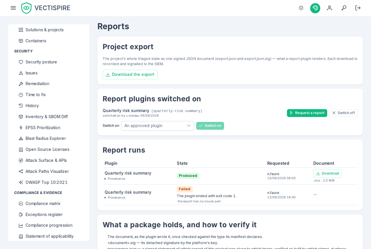 A project's Reports section: the signed export, the report plugin switched on, and two runs — one produced, one failed with its reason.