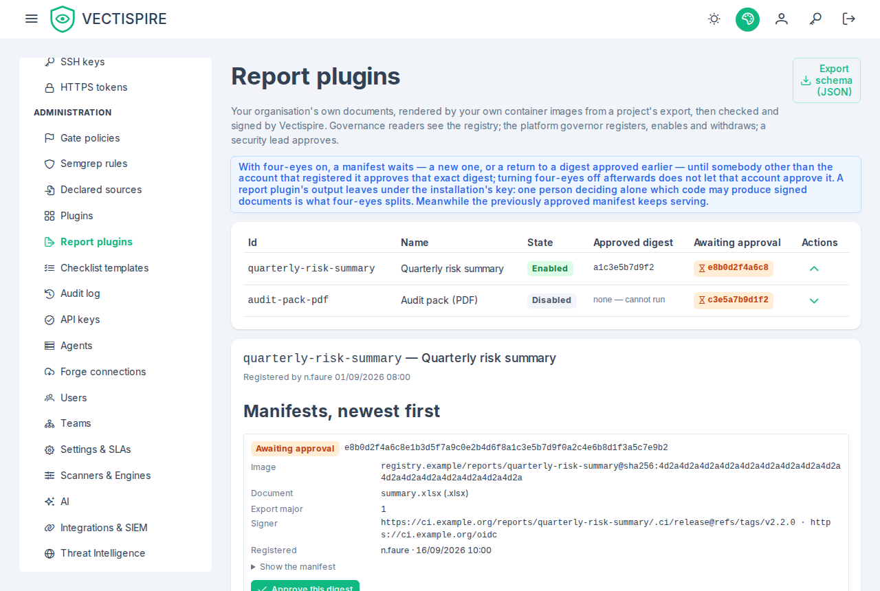The report plugin registry: an approved plugin whose newer manifest awaits a second person, and one never approved, which cannot run.