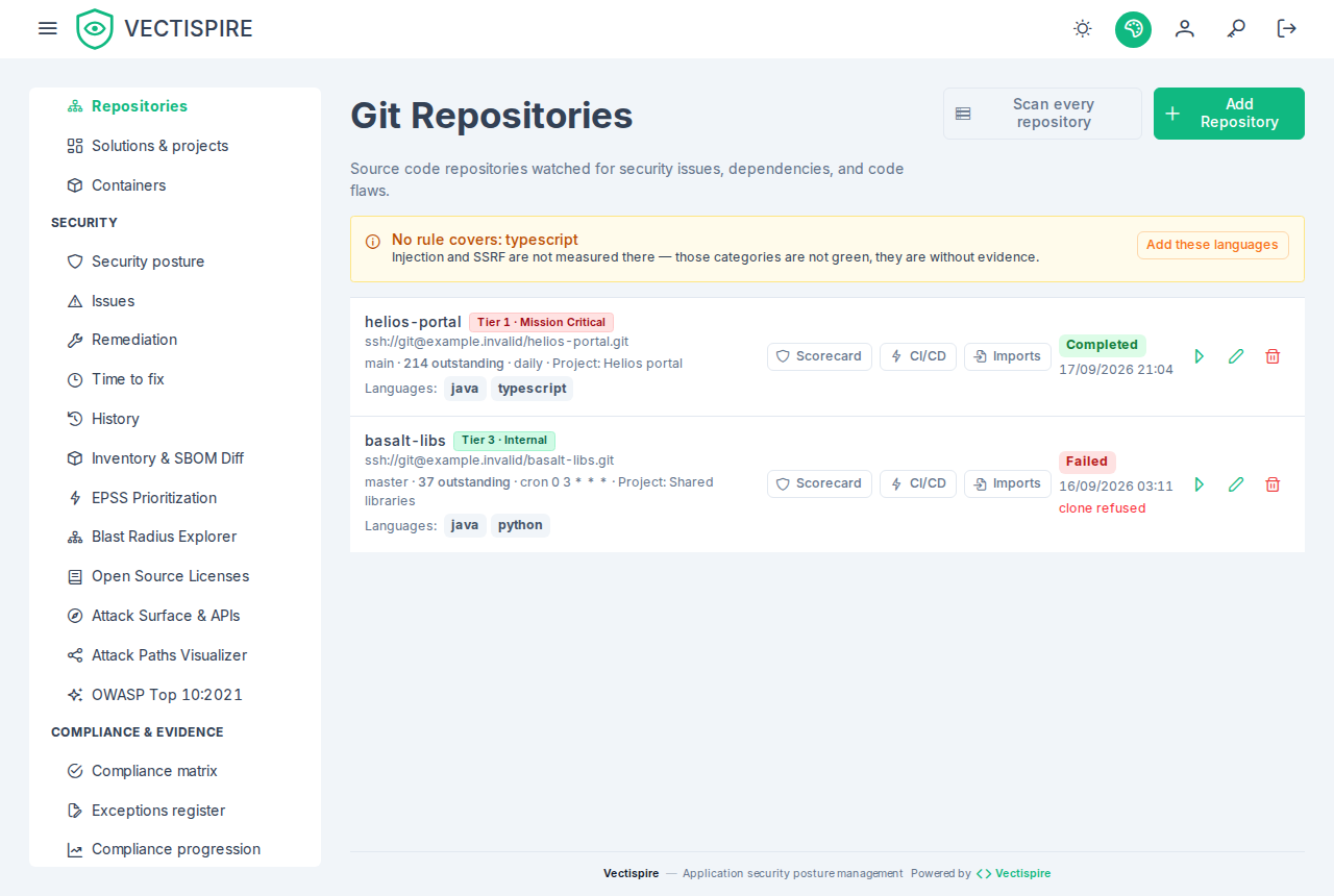 The repositories list: two targets with their branch, criticality tier, open findings and the state of their last scan.