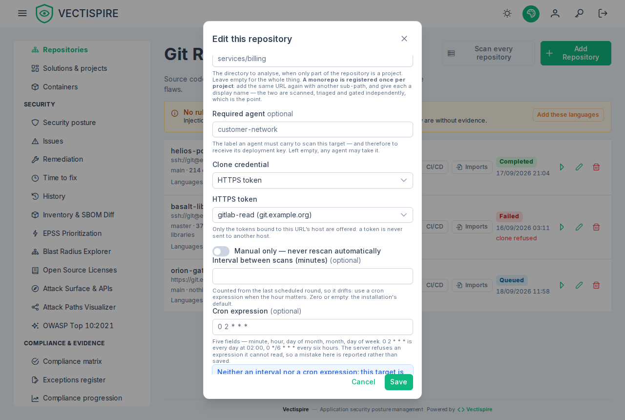 Editing a repository cloned over HTTPS: only the tokens bound to the URL's host are offered.