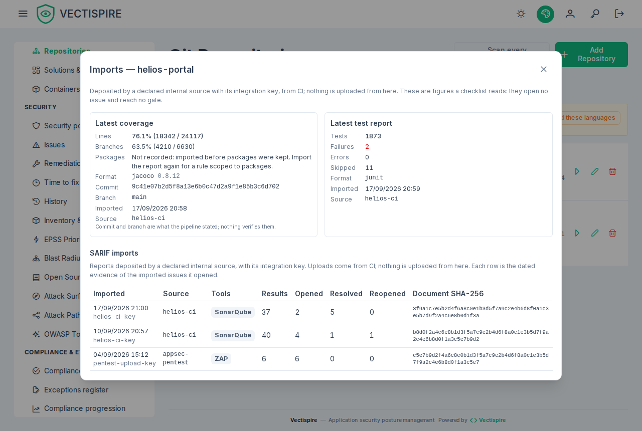 A repository's imports: the latest coverage and test report, and the SARIF documents each source delivered, with what they opened and resolved.