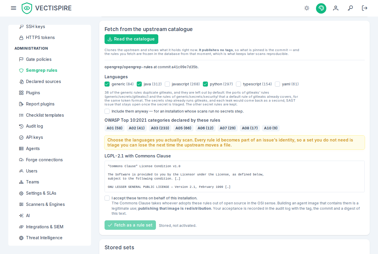 Reading the upstream catalogue: the languages chosen, the note on the generic rules that duplicate gitleaks with the box to include them anyway, and the licence to accept.