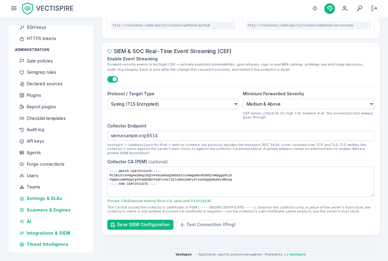 Streaming to a SIEM over syslog TLS, the collector's CA pinned.