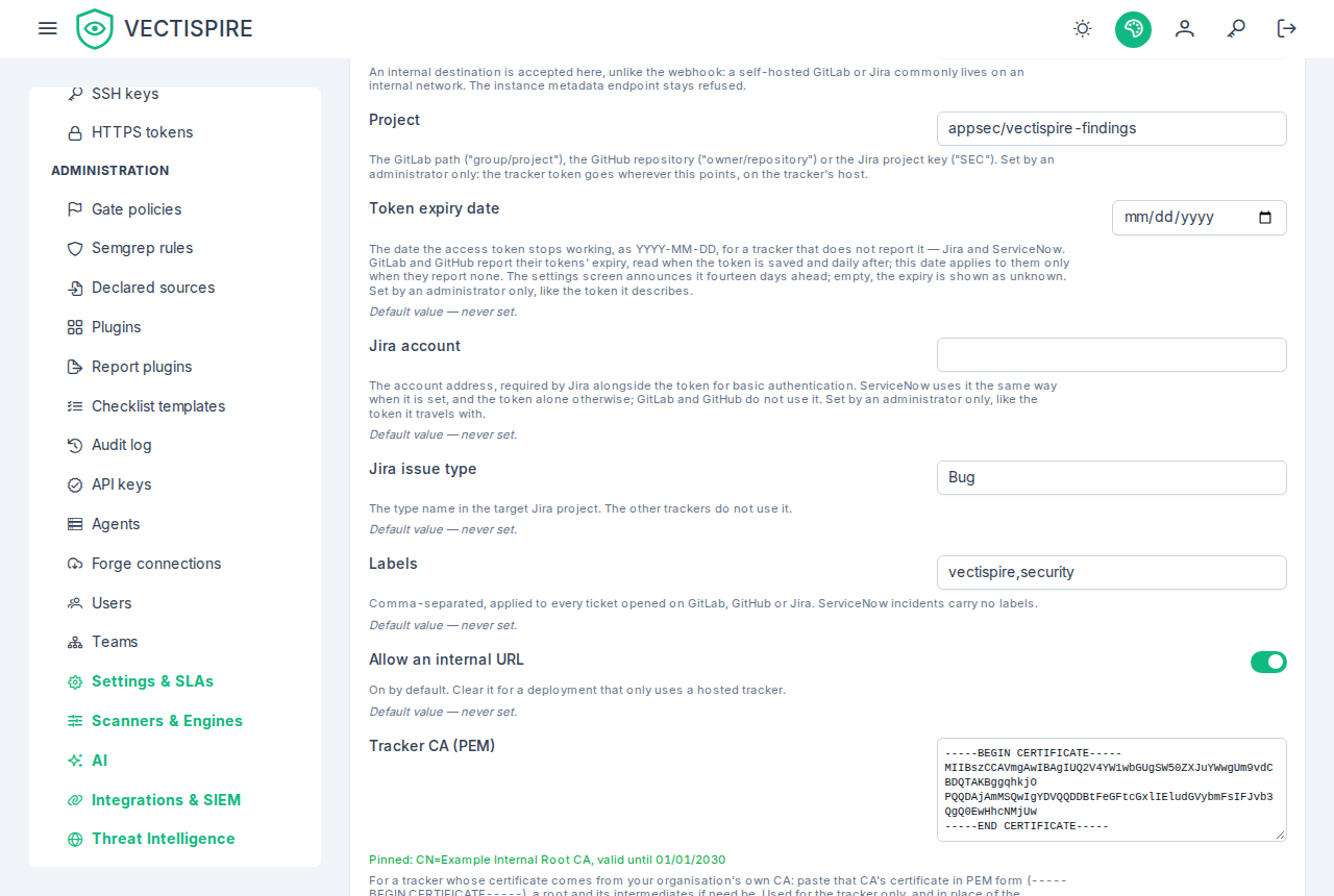 The tracker's settings: an internal GitLab, the organisation's CA pinned and read back by its subject and its end of validity.
