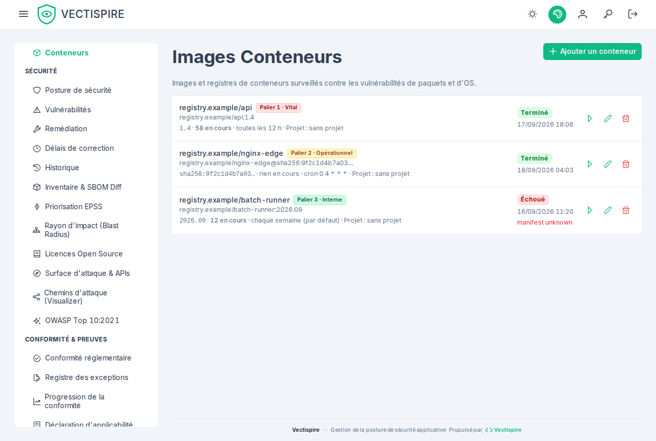 Les images surveillées : une épinglée par empreinte et abrégée, une par tag, une dont le dernier tirage a échoué.