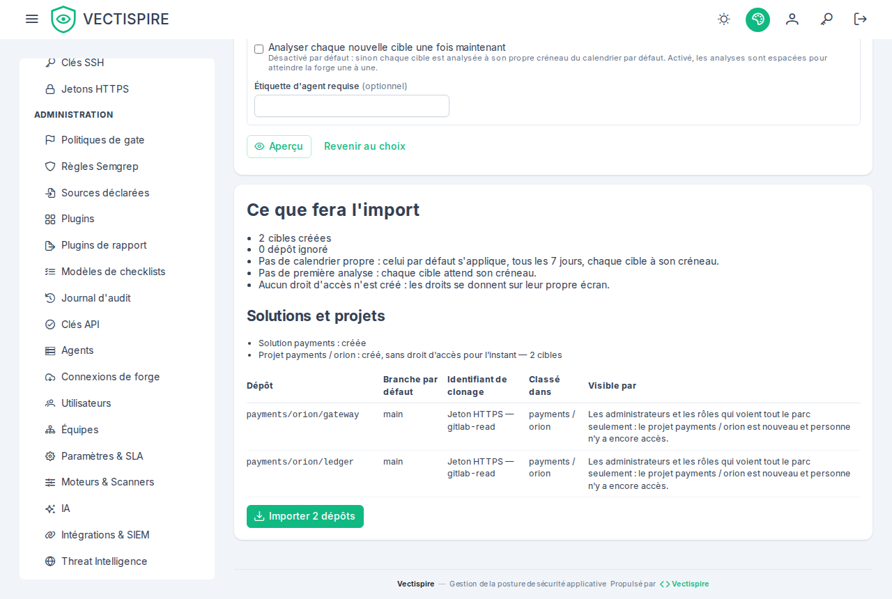 L'aperçu avant l'import : deux cibles, la solution et le projet que l'import crée, le jeton HTTPS avec lequel chacune se clone et qui les verra.
