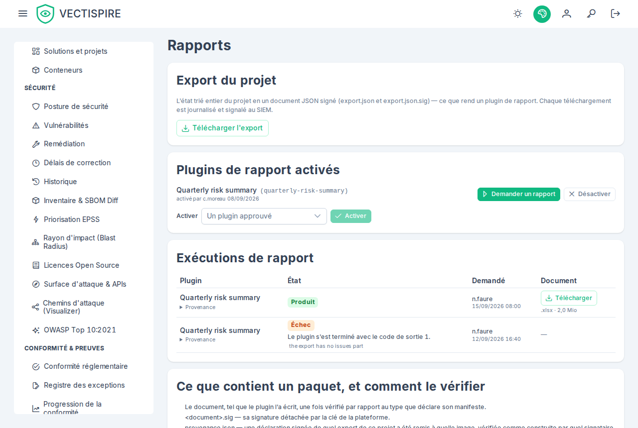 La section Rapports d'un projet : l'export signé, le plugin de rapport activé, et deux exécutions — une produite, une en échec avec sa raison.