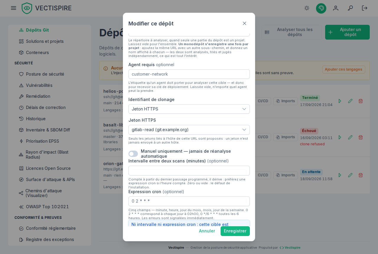 La modification d'un dépôt cloné en HTTPS : seuls les jetons liés à l'hôte de l'URL sont proposés.