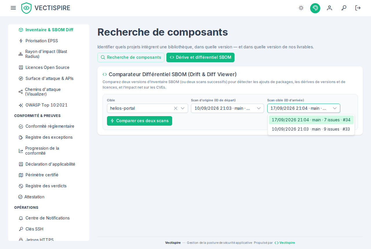 La comparaison de SBOM : la cible d'abord, puis ses propres scans proposés par date et nombre d'issues, les deux plus récents déjà sélectionnés.