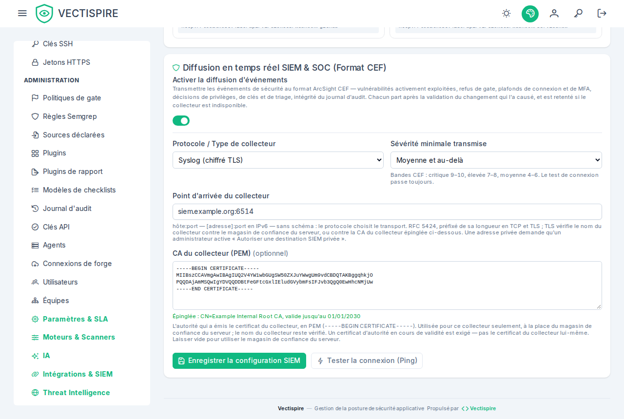 Le flux vers un SIEM en syslog TLS, l'AC du collecteur épinglée.