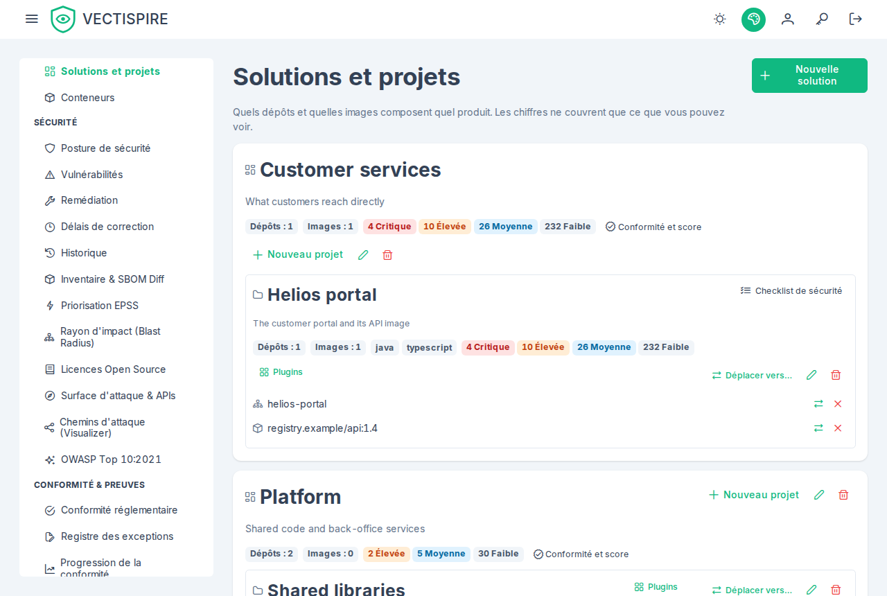 Solutions et projets : chaque solution avec ses projets, les dépôts et images qui y sont rangés, leurs langages et leurs issues ouvertes par gravité.
